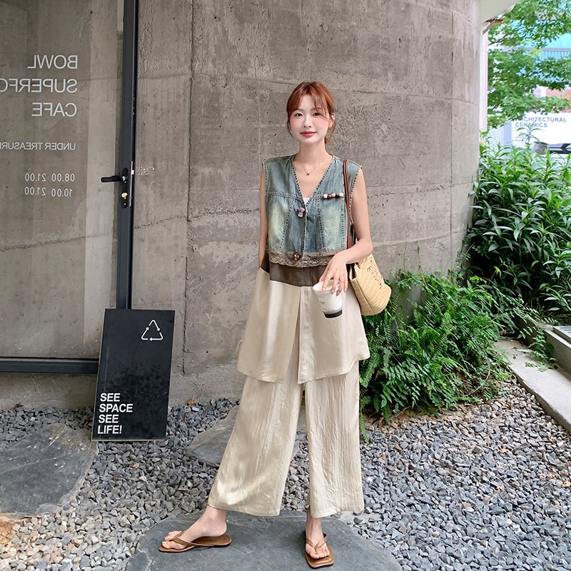 独特设计感牛仔拼接马甲套装女夏季2025新款巨好S看的阔腿裤两件