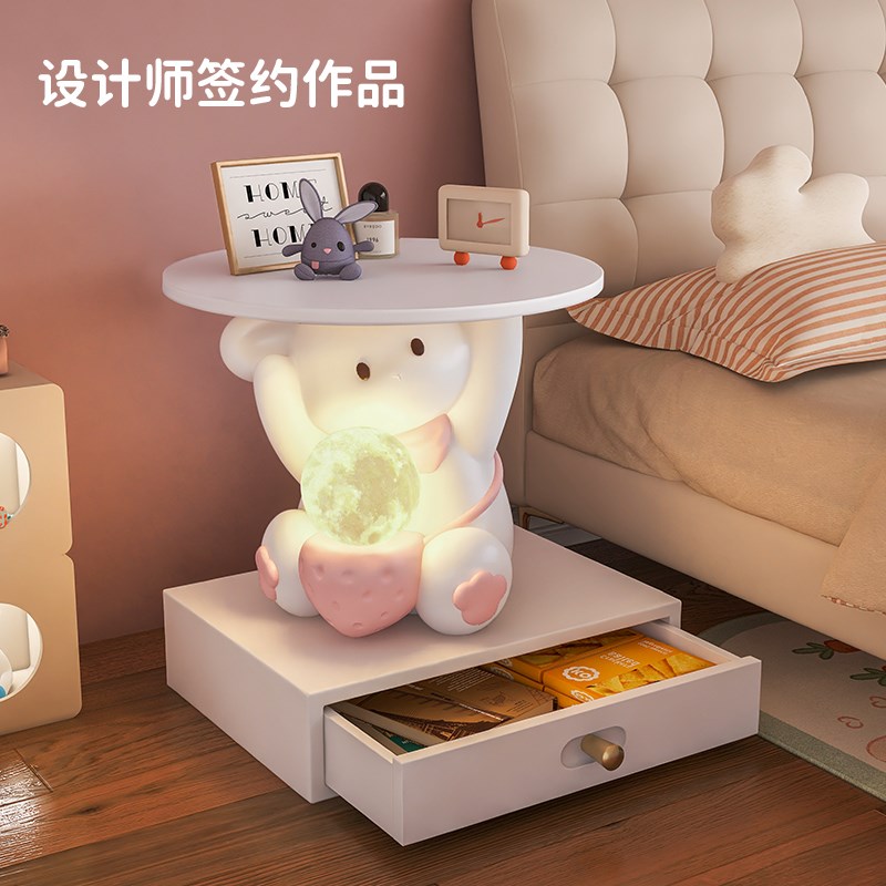 奶油风卡通兔兔儿童房床头柜灯一体可爱女孩粉色卧室床边柜置物架