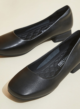 方头粗跟3cm软底工作鞋女皮鞋空姐鞋久站不累低跟浅口单鞋黑色鞋