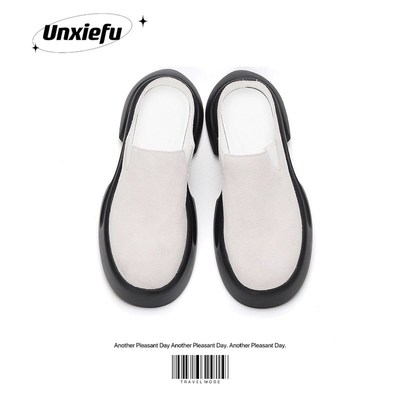 反绒皮德比半拖男厚底无后跟款时尚小众设计休闲外穿包头拖鞋潮流