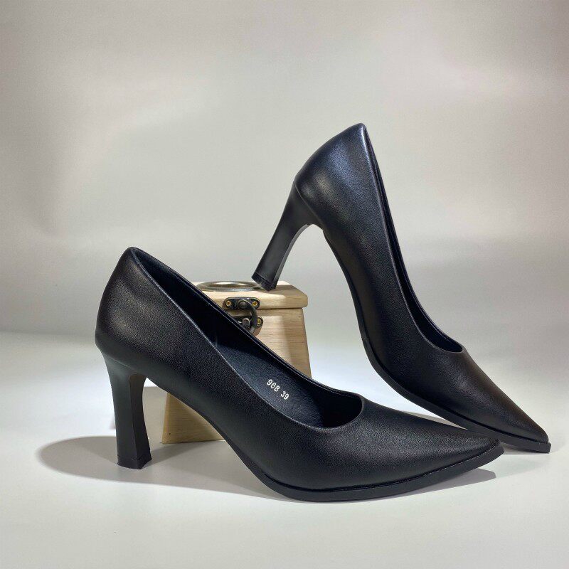 工作鞋女黑色职业l气质久站不累脚软底上班粗跟浅口高跟鞋正装皮