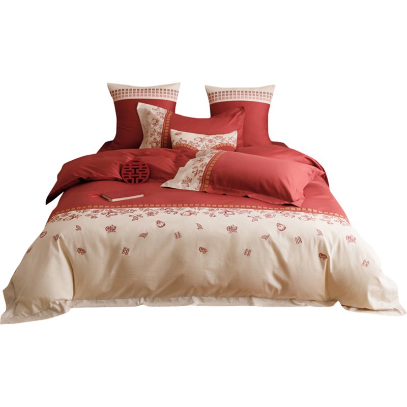 婚庆100S澳棉纯棉床单款四件套精致刺绣全棉拼接被套结婚床上用品