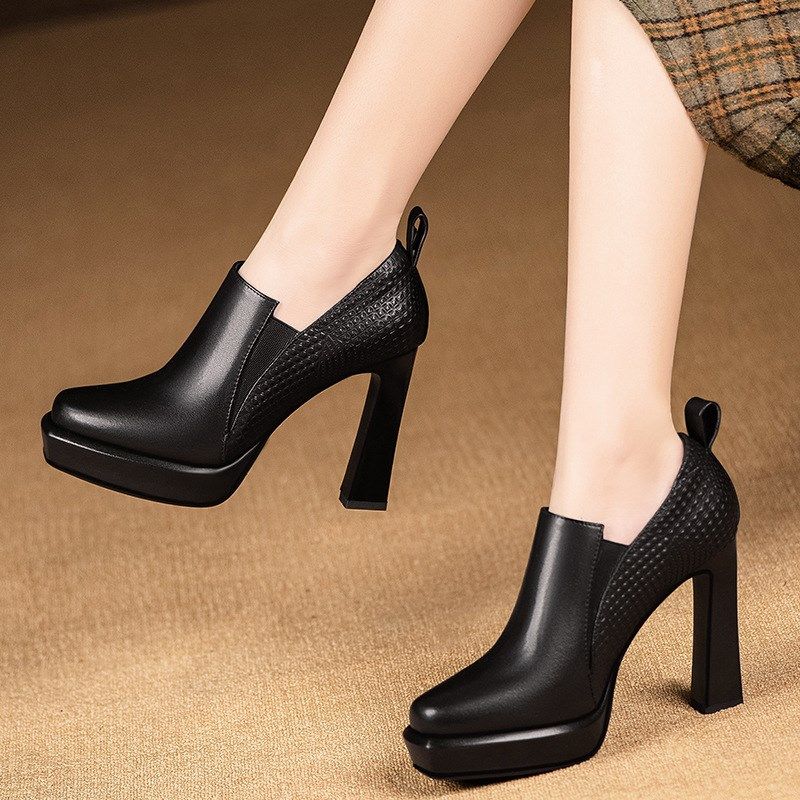 深口尖头厚底细跟单鞋q女黑色防水台高跟鞋2025春秋新款走秀鞋
