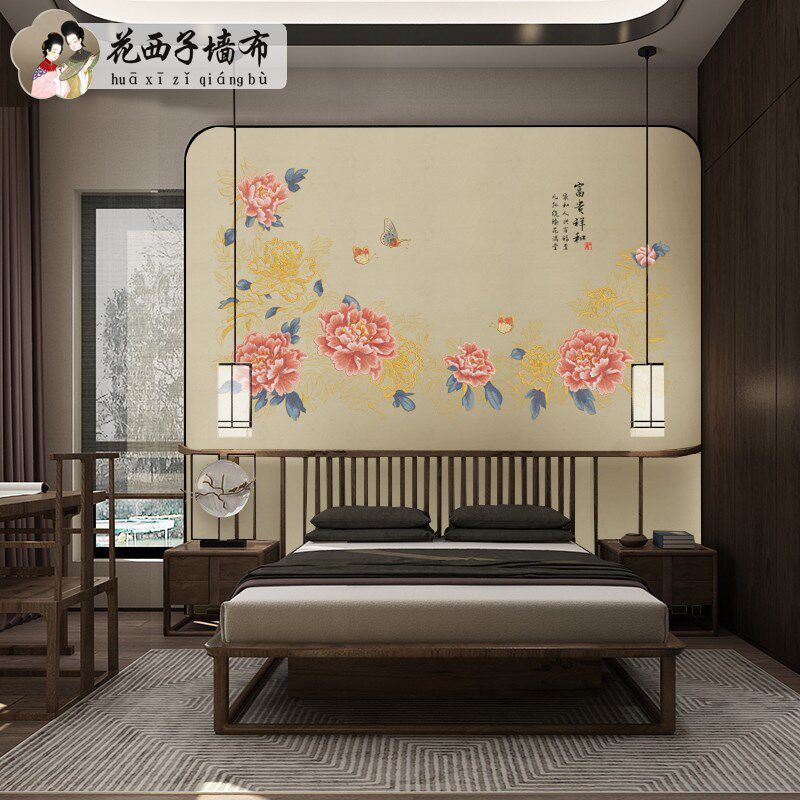 古典中式牡丹花独绣刺绣墙布书房客厅餐厅沙发电视影视背景壁布