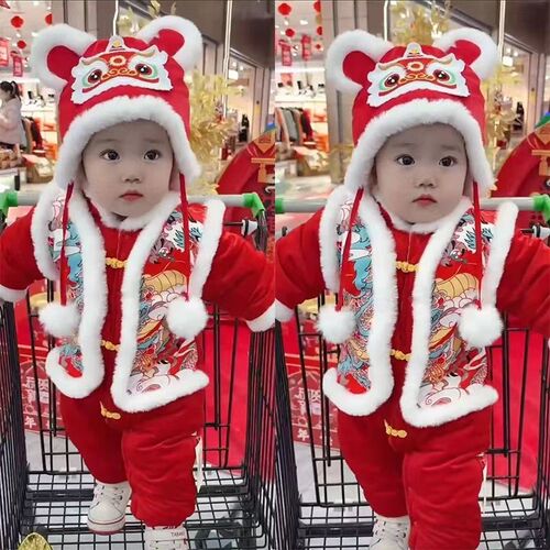 婴儿冬季拜年服加绒连体衣宝宝z喜庆红色新年服过年加厚外出棉爬
