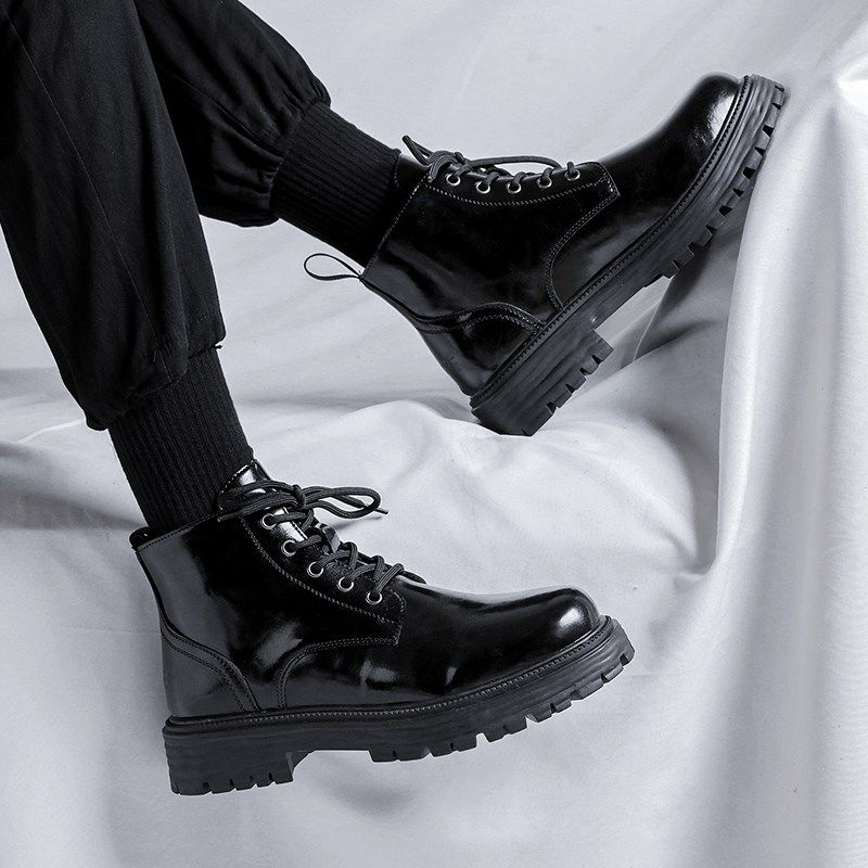 马丁靴男款低帮秋季英伦风高帮皮鞋厚底男生漆皮黑色中帮短筒靴子