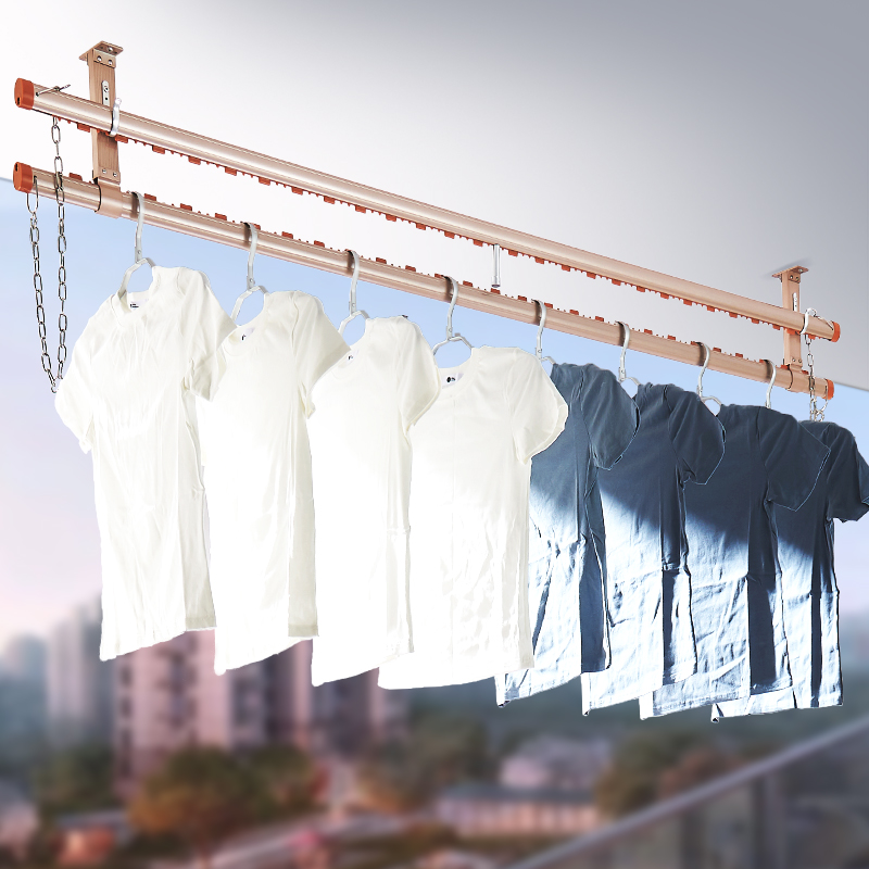 晾衣杆固定杆晒被子神器晾衣架阳台顶装家用防风晒衣杆双层晾衣杆