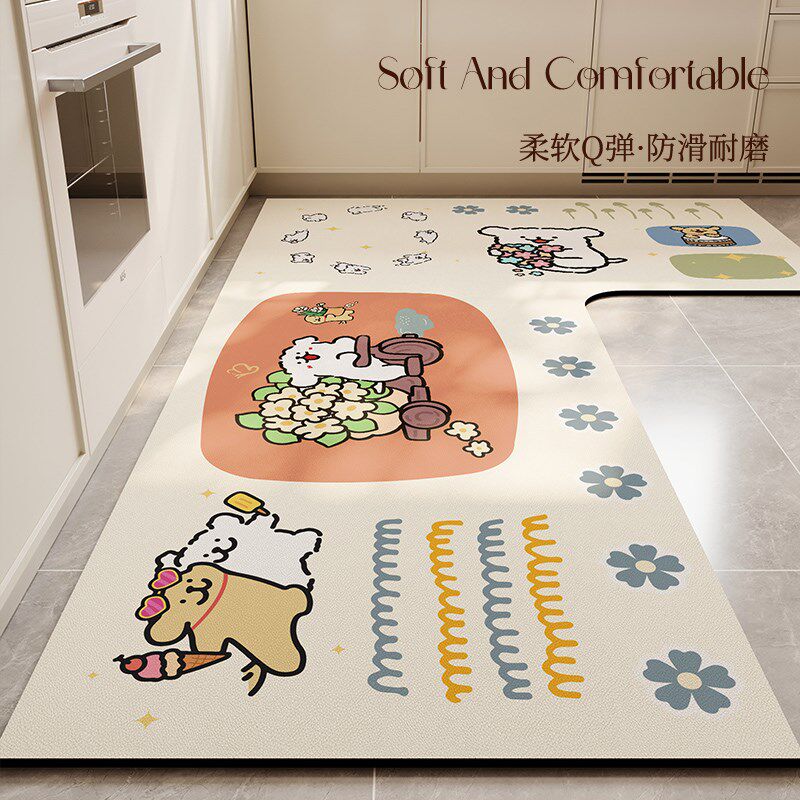 可爱卡通狗狗地垫厨房L形一体脚垫家用门口防滑防油整铺垫子