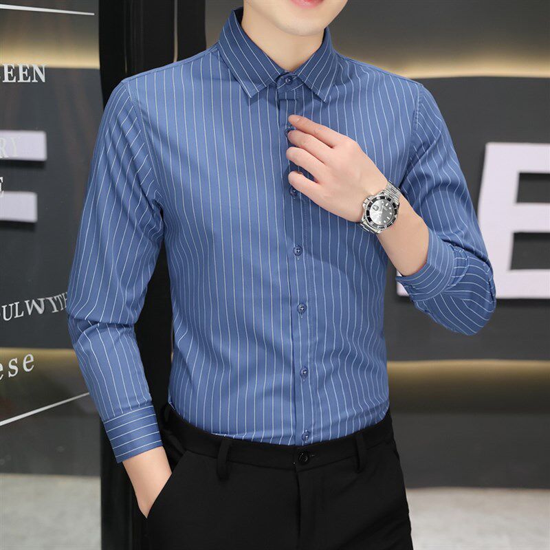 竖条纹衬衫男长袖商务中年爸爸装成熟男人宽松防皱垂坠感衬衣