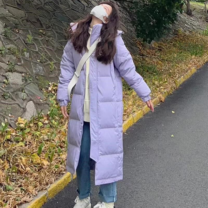 中戏长款过膝韩h版棉服女2024冬季新款学生加厚宽松保暖紫色棉衣