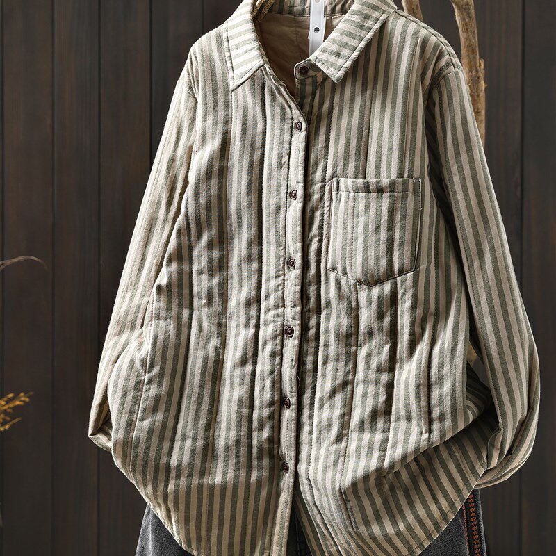 衬衫女款2025新款秋冬绗棉条纹夹棉加厚洋气纯棉百V搭单穿打底衬