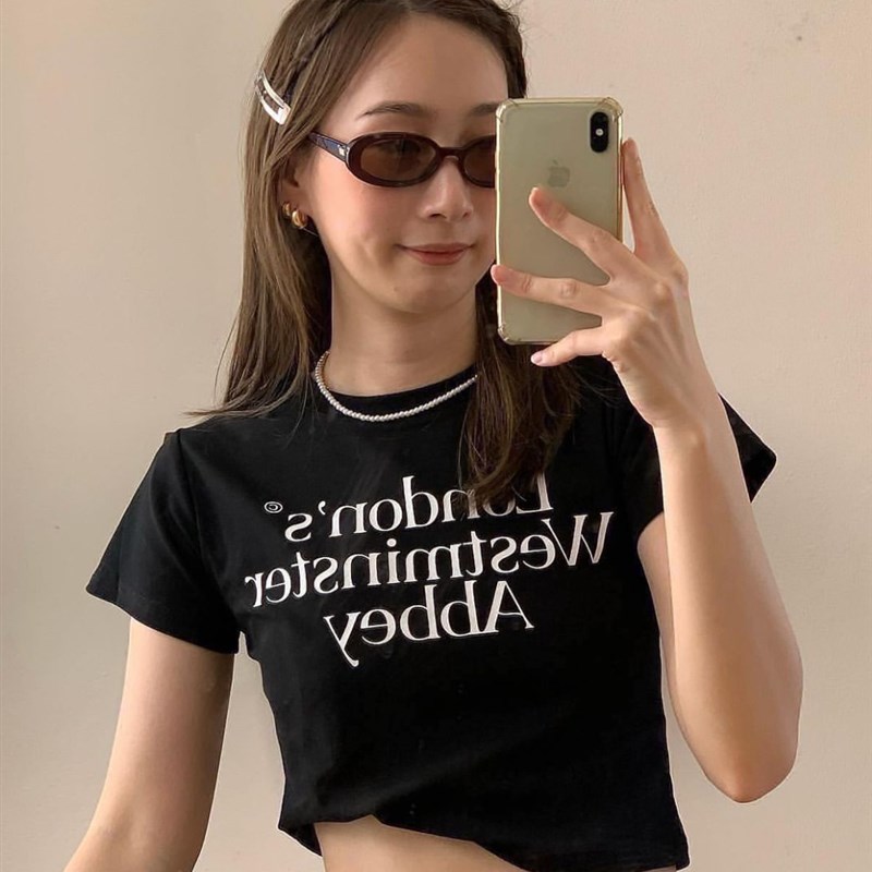 晚睡/酷毙了小姐黑白两色字母收腰简约紧身夏天打底T恤Z女百搭显