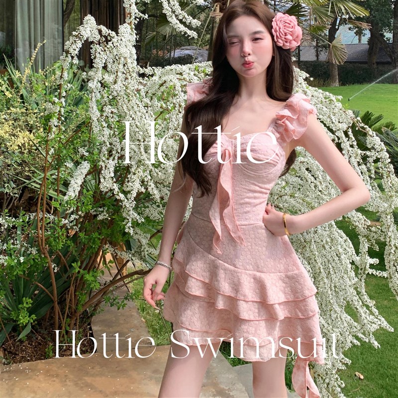 甜美粉色少女风纯欲裙式连身泳衣显瘦遮肉遮肚P沙滩温泉度假泳衣
