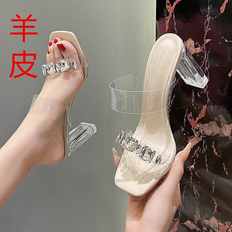 高跟水钻凉拖鞋鞋k女夏外穿气质透明一字带水晶粗跟小码凉鞋女313
