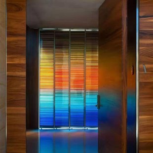 定制夹丝夹胶艺术玻璃隔断玄关屏风双层钢化夹绢画绢七彩渐层线条