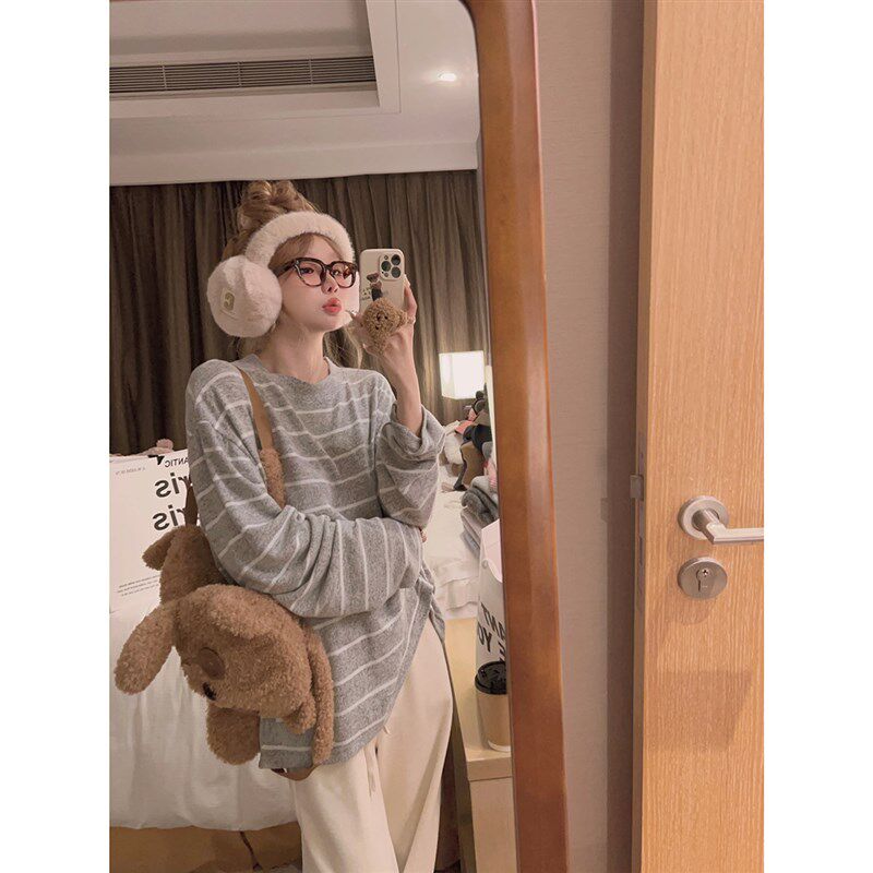 Yukiss 灰白色条纹长袖加绒A内搭T恤女秋慵懒风宽松加厚打底衫秋