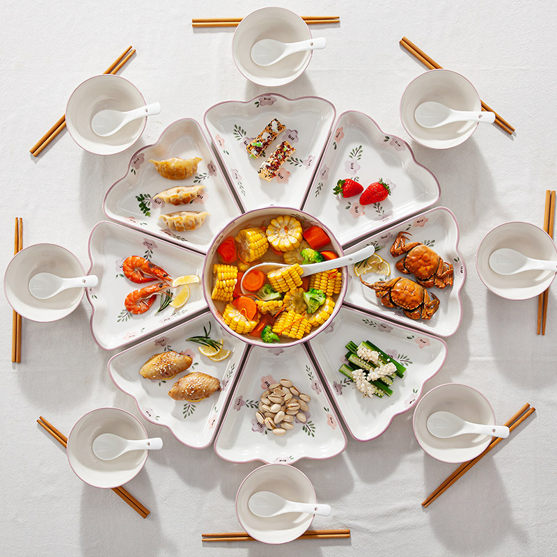 家庭碗碟团圆拼i盘组合过年夜饭陶瓷餐具火锅备菜扇形盘子家用套