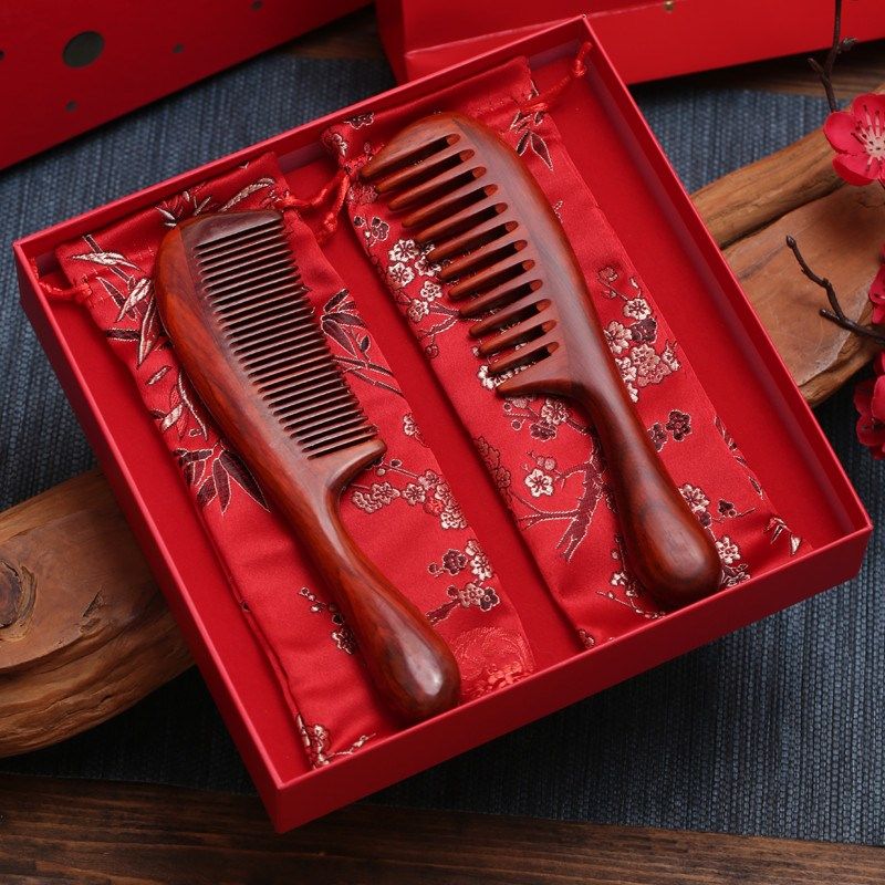 紫檀木梳子镜子红色结婚订婚陪嫁套盒对装闺蜜婚庆送新娘礼物礼品