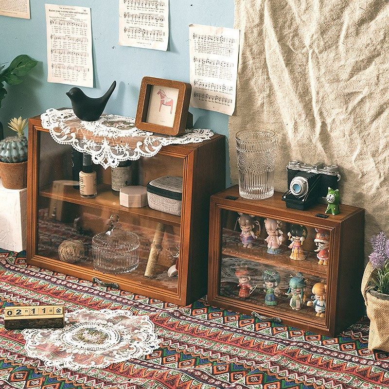 复古风木质寝室桌面收纳盒化妆品大容量桌上置物架家用防尘小柜子