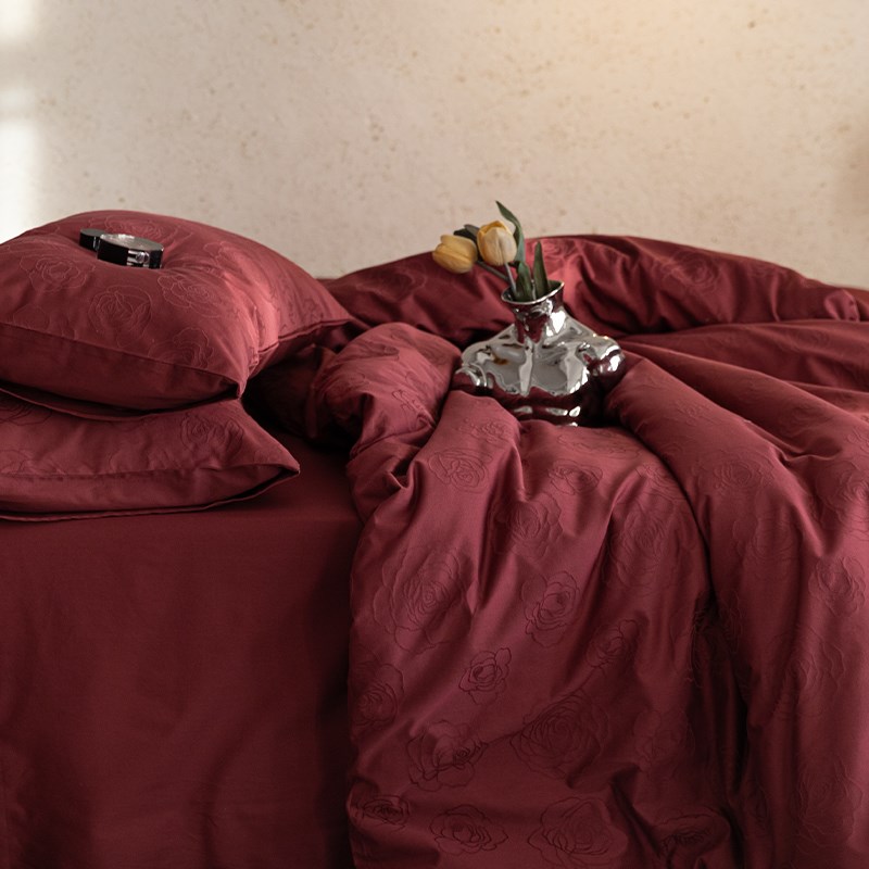 高端婚庆大红色60支水洗提花四件套结婚全棉纯棉新婚床单被套床品