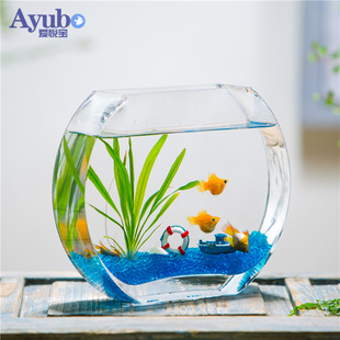 创意桃花玻璃鱼缸金鱼缸扁圆形迷你中小型懒人客厅办公桌面水族箱