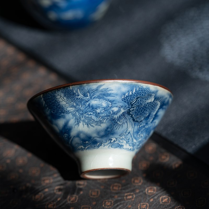 景德镇青花陶泥龙纹斗笠杯主人杯陶瓷手工仿古单杯个人杯茶杯