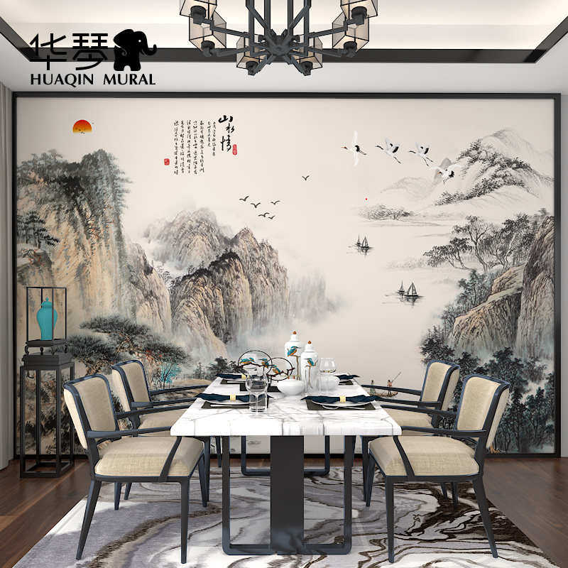 新中式水墨写意大型国画电视背景墙壁纸客厅沙发墙纸墙布壁布定