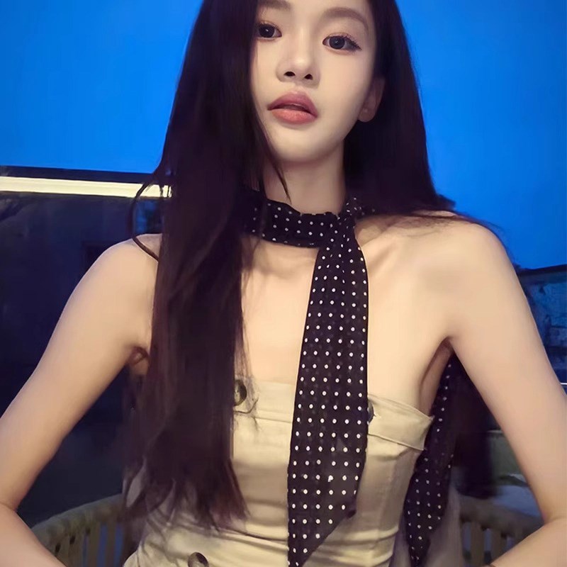 韩系长条黑色波点丝巾系脖发带女B秋季高级感薄款气质百搭领巾围