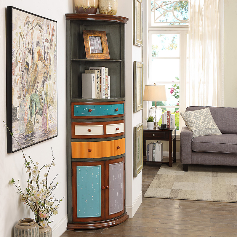 美式乡村三角柜客厅边柜彩绘墙角柜置物架欧式转角酒柜实木拐角柜