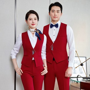 酒店服务员男女职业马甲套装女珠宝店销售工作服通勤坎肩红色马夹