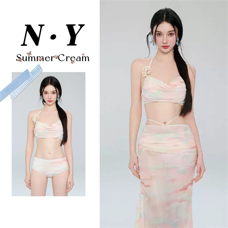 分体泳衣女2025新款扎染显白长款裙式三件套比基尼泡温泉小胸聚拢