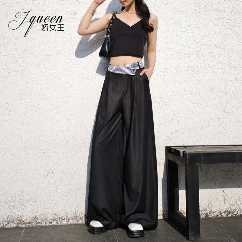 阔腿裤女夏季仿牛仔条纹装饰新款垂感黑色透气显瘦拖地裤百搭长裤