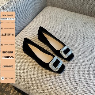 【TFM】方头平底鞋女2025春季新款丝绒水钻方扣低跟浅口单鞋女鞋