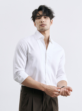秋季气质型男 半开领高级感咖啡色衬衫男商务免熨烫绿色衬衫一片