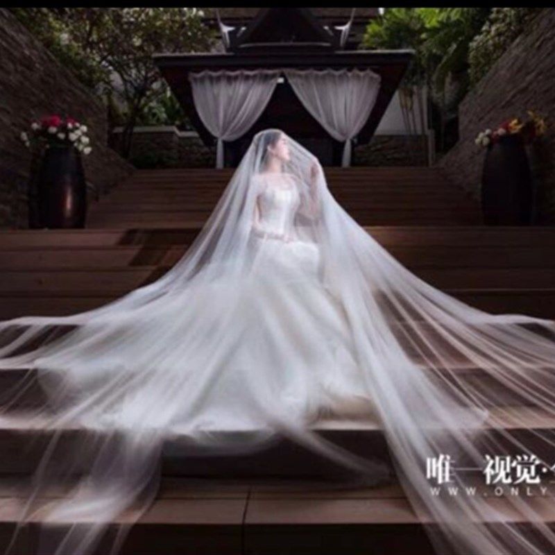 包邮新款韩式简约单层新娘结婚拍照加宽3米超长拖尾白色软纱 头纱