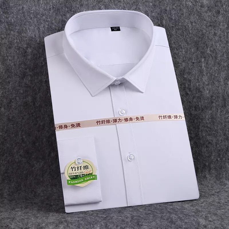 高档竹纤维春男士衬衫长袖商务免熨烫F白色职业装透气衬衣正装弹
