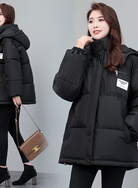 反季新款时尚百搭连帽黑色中长棉服女冬季加厚宽松V学生面包服棉