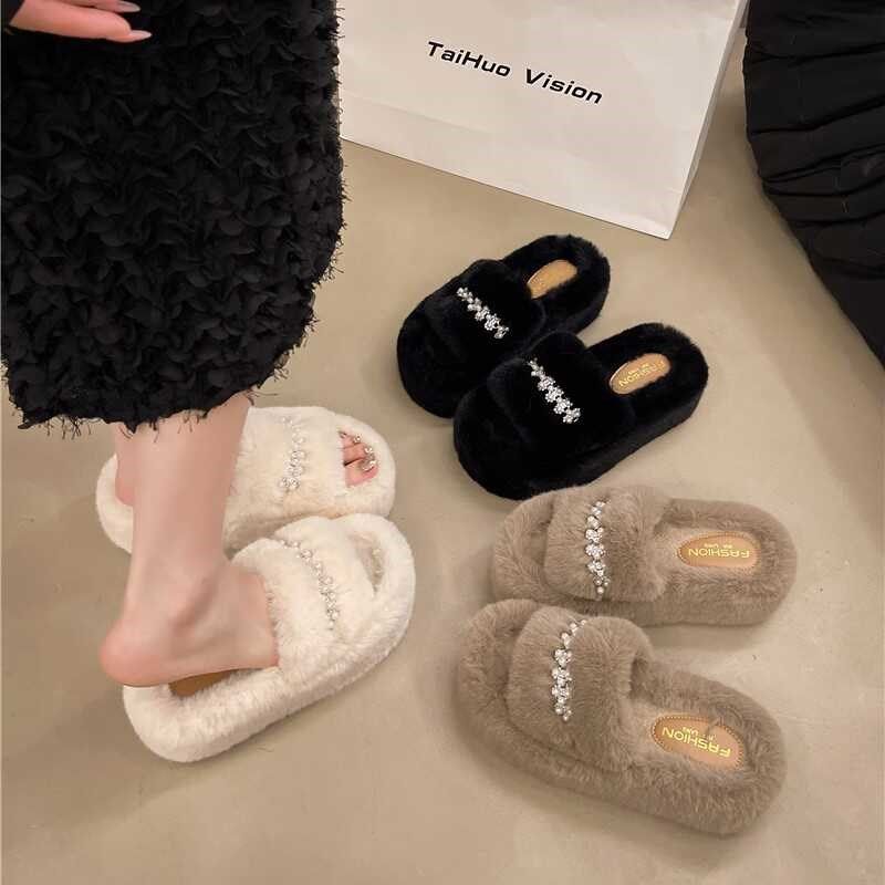大码女鞋41一43网红珍珠一字毛毛拖鞋女外穿仙女风厚底毛绒棉拖鞋,女鞋,一字拖,淘宝优惠券,粉丝福利购,淘宝优惠卷