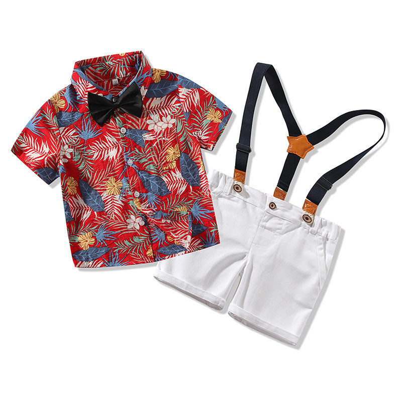 宝宝帅气夏装1-3-4岁男童英伦风套装时髦周岁领结衬衫+.背带裤2件