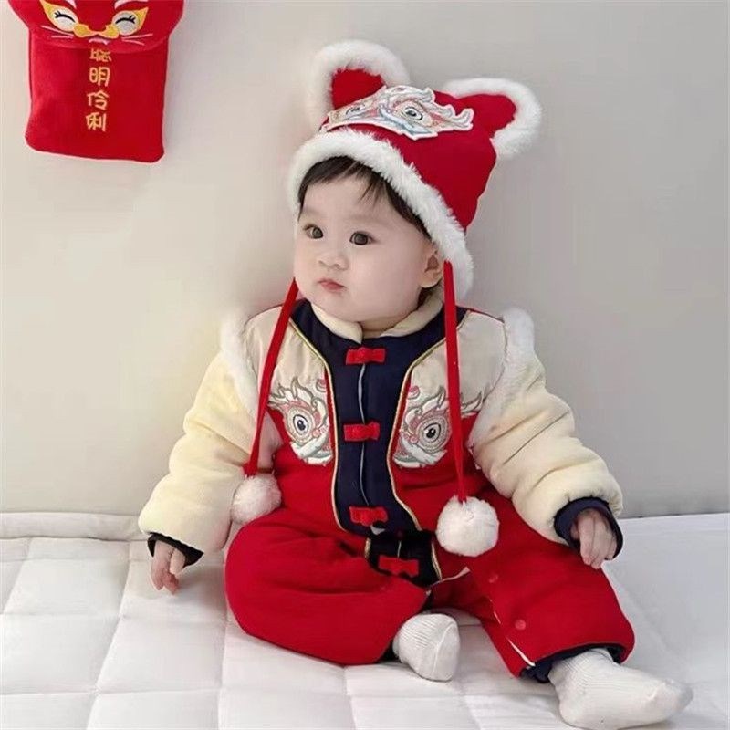 新生婴儿连体衣拜年服过年t喜庆红色满月男女宝宝加厚秋冬外出哈