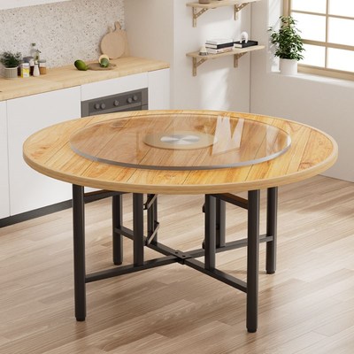 实木餐桌家用小户型农村大圆桌多人吃饭桌子带转盘折叠简易大排档