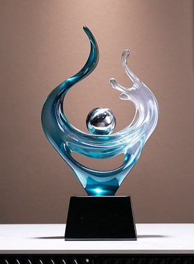 风生水起蓝色抽象雕塑现代简约高端摆件透明艺术品办公桌面装饰品