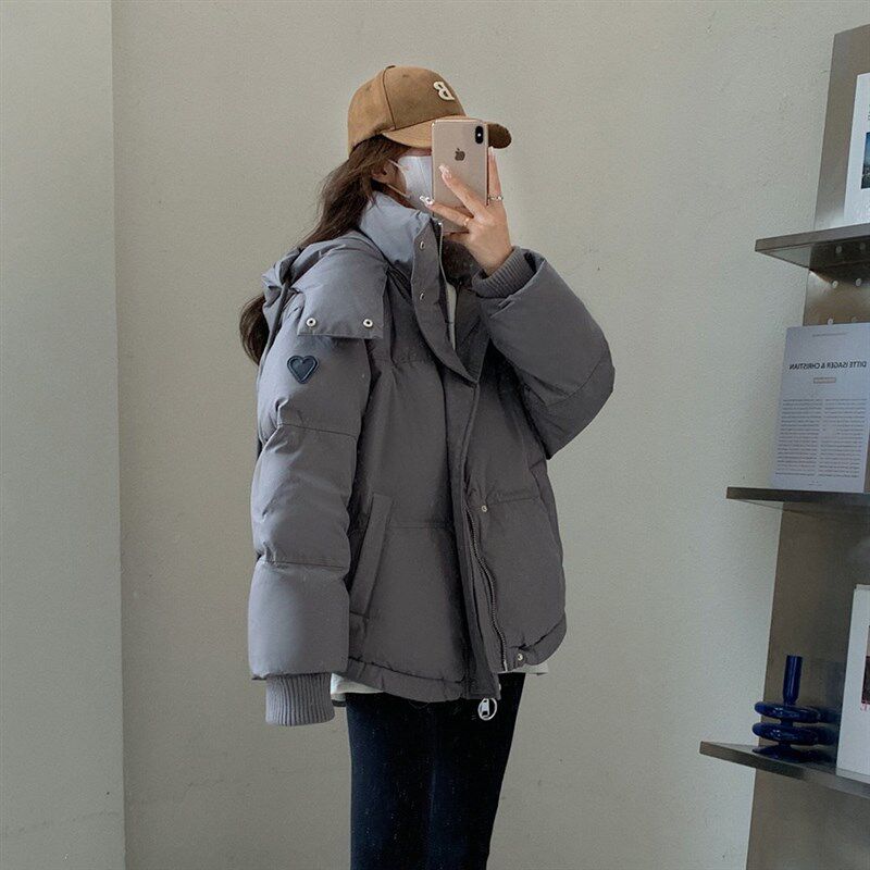 冬季新款2024韩版灰色爱心短款羽C绒棉服学生大码棉衣女情侣面包