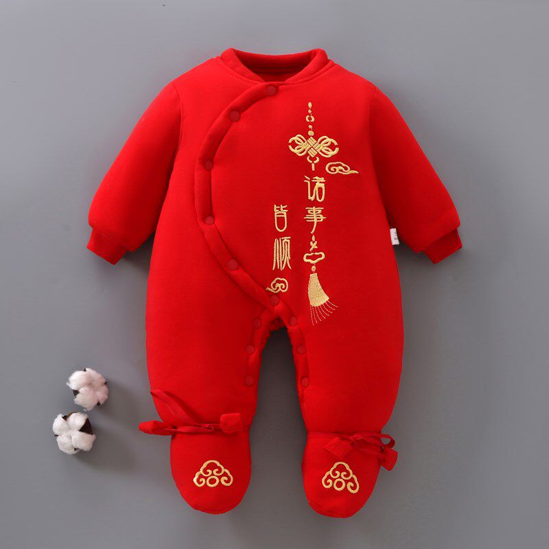 新生儿红色手工棉花加厚新生儿包脚连体棉衣冬季婴儿宝宝棉服大红