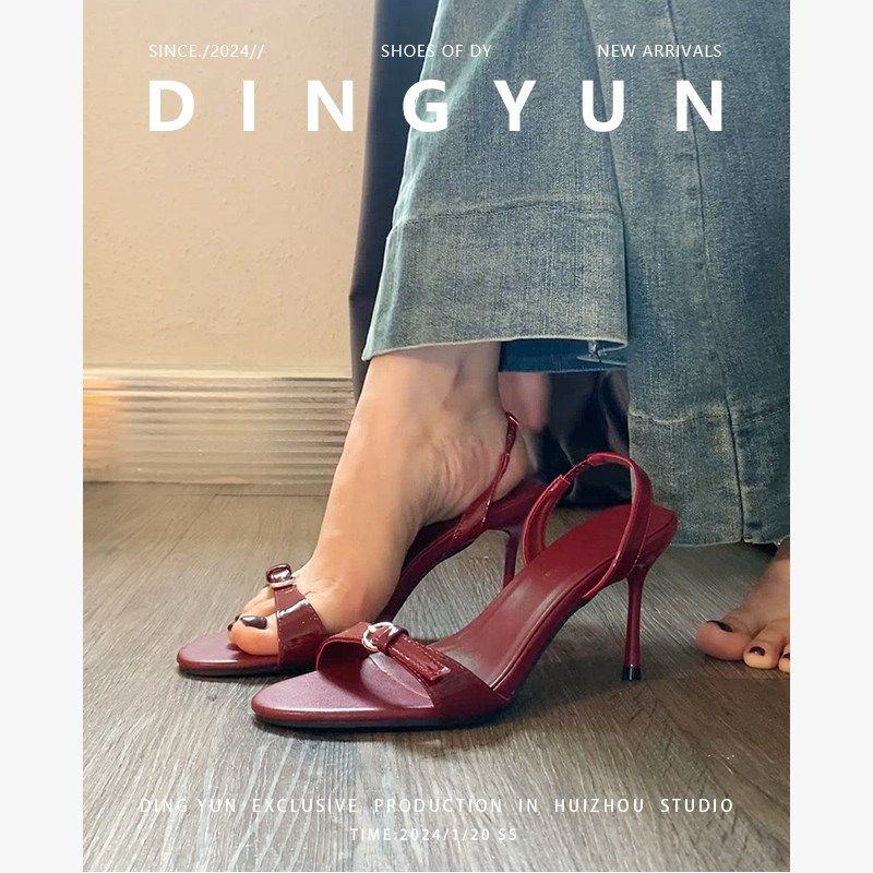 丁允dingyun法式露趾u圆头一字带凉鞋半拖女高细跟后绊带单鞋夏季