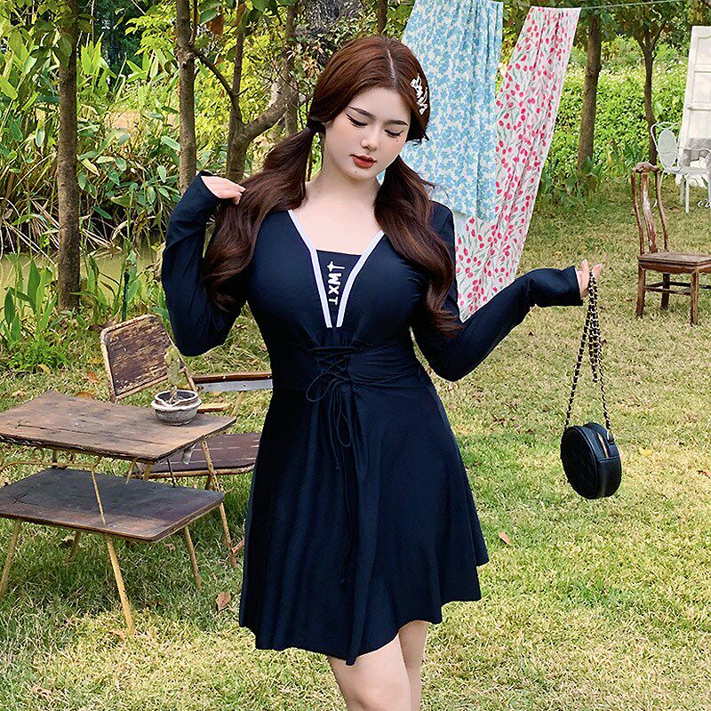 200斤胖妹妹泳衣女遮肚子大码连体裙式保守长袖显瘦泡温泉游泳装