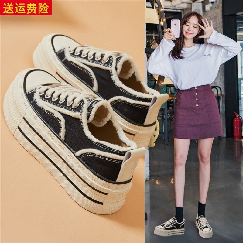网红ins超火增高5cm帆布小白鞋女2025夏季新款甜美轻便透气女板鞋,女鞋,帆布鞋,淘宝优惠券,粉丝福利购,淘宝优惠卷