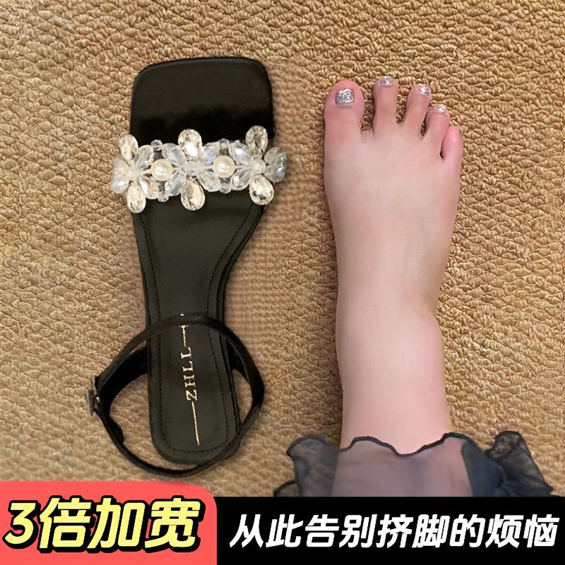 适合脚胖宽的凉鞋黑色厚底高跟鞋不累脚前掌加L宽大码女鞋2025新