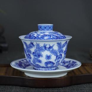 茶具仿古青花瓷盖碗茶杯大号三才泡茶碗功夫单个敬茶碗防烫缠枝莲