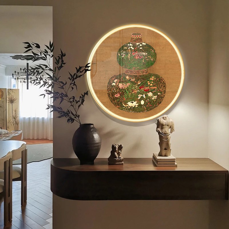 中古风入户门口玄关装饰画葫v芦招财发光灯画进门正对墙面卧室挂